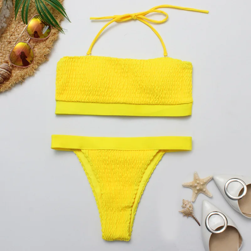

2pcs Bikini Set Bright Yellow Women Push-up Bandeau Solid Swimwear Bandage Smocked Thong Bathing Suit Swimsuit Swimming Suit