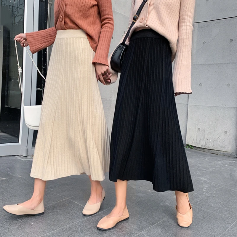 

Autumn Winter Korean Women Knitted Skirt Kawaii A-Line Empire Mid-Calf Sweet Skirts Ladies Vintage Solid Casual Skirt