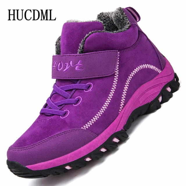 Waterproof Winter Men Boots Cow Suede Warm Snow Women Boots Men Work Casual Shoes High Top High-top Non-slip Ankle Boots Purple