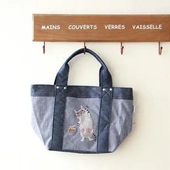 

Japanese Style New Style Embroidered Cat Women's Commuting Handbag Casual Fabric Small Carrying Bag Fresh Versatile Bento Box Ba