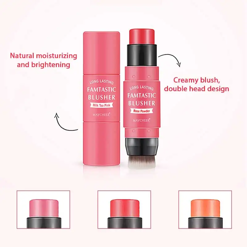 3 Colors Double-headed Blush Stick with Brush Moisturizing Face Powder Blusher Face Brighten Rouge Stick Peach Creamy Blush Make