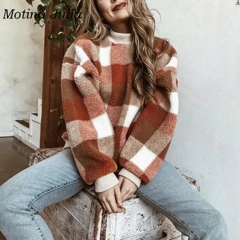 

Motina Julia 2019 autumn winter plaid lambswool sweatshirts pullover casual loose streetwear crewneck sweatshirt outerwear