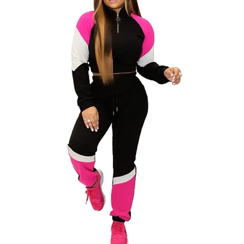 

S-3XL Color Patchwork Casual Winter 2PCS Zipper Autumn Long Sleeve Top Drawstring Pants Outfits 5 Colors Women Two Piece Suits