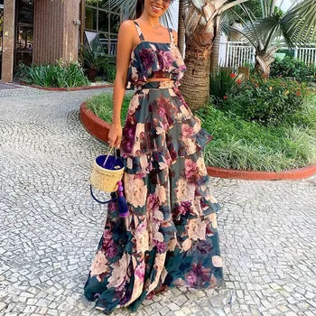 

Bohemian two piece set top and Skirt 2020summer new Pullover camisole Ruffles printing High waist long skirt women clothes Beach