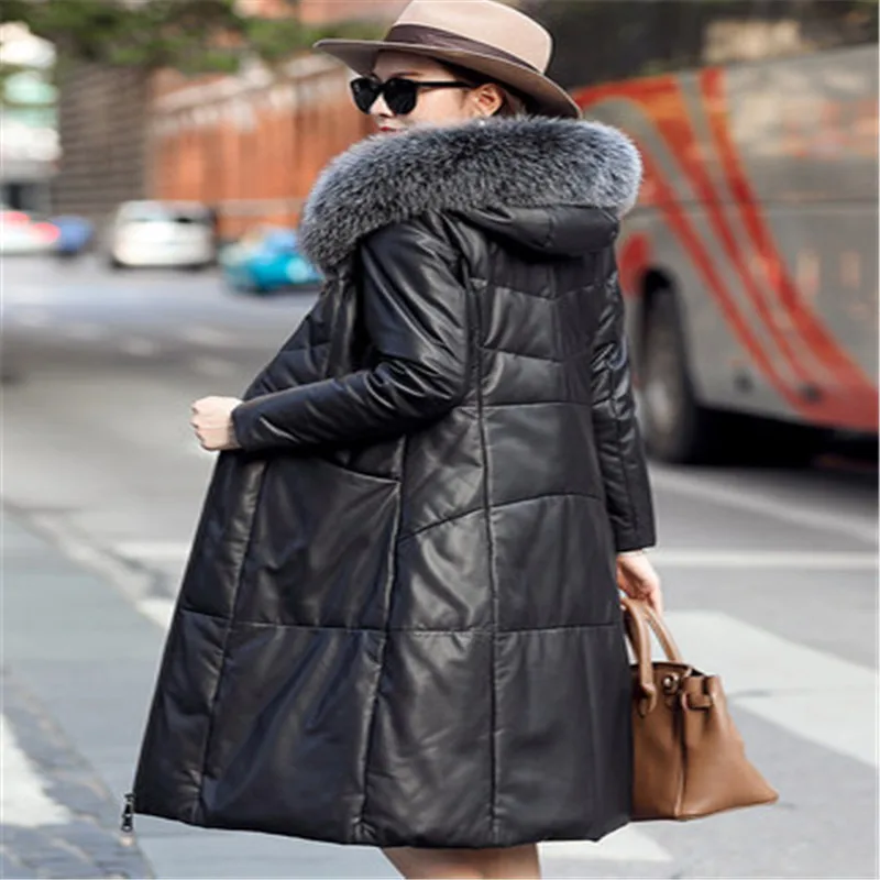 Sheepskin down jacket female long section 2019 winter new hooded large size leather fox fur collar women's coat | Женская одежда