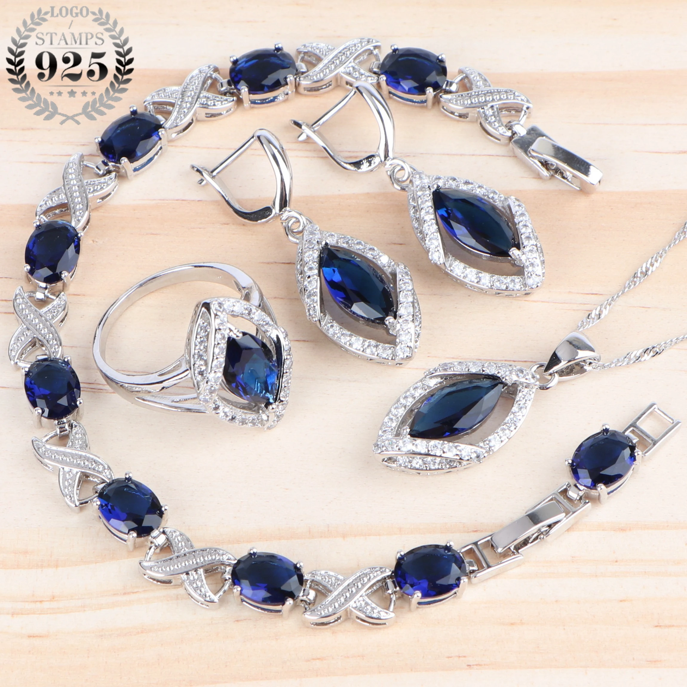 

Ladies Jewelry Sets For Women Bridal Blue Zirconia Silver 925 Rings Wedding Costume Bracelets/Earrings/Pendant Necklace Sets