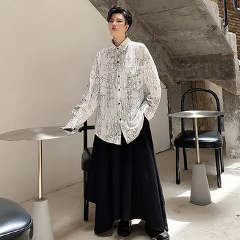 

Men Long Sleeve Line Print Loose Casual Shirt Male Vintage Streetwear Hip Hop Fashion Party Dress Shirts Stage Show Costumes