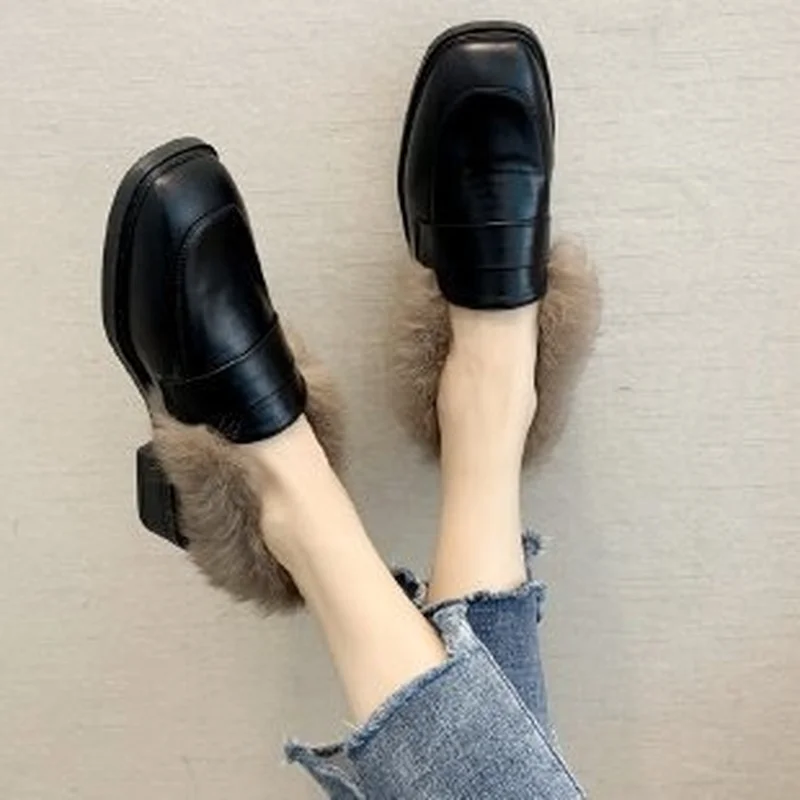 Zapatos De Mujer 2022 Fashion Women Loafers Faux Rabbit Fur Slip-on Shoes Woman Low Heels Casual Shoes Plush Warm Boat Shoes