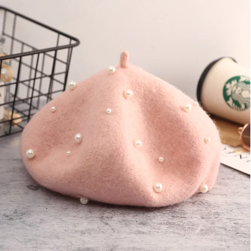 MAERSHEI Pearl Beret Children's Winter Warm Fashion Hat Women's Wool Beret Parent-child Hat Wholesale - Цвет: Pink