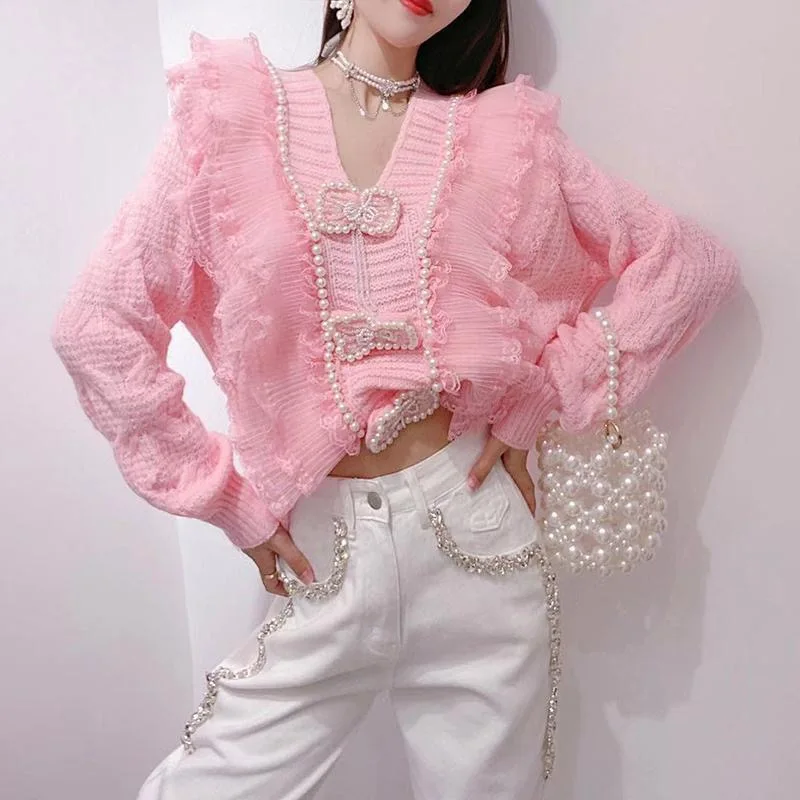 2021 Sweater Korean Sweet Bowknot Pearl Beaded Tassel Lace Stitching Loose Slim Knit Sweater Top Spring and Autumn cute sweaters Sweaters