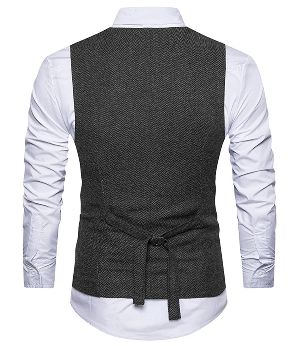 Slim Mens Vest Tweed Waistcoat Vest Vintage Herringbone V-neck Casual Wool Groomsmen Suits Vest For Wedding XS-5XL 4