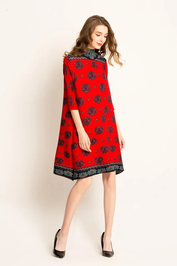 High neck print dress middle sleeve digital flower print loose dresses