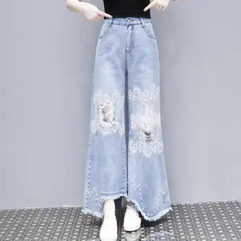 

Washed Lace Flower Jeans Female High Waist Loose Wide Leg Denim Pants Irregular Tassels Hole Ripped Jeans Trousers r907
