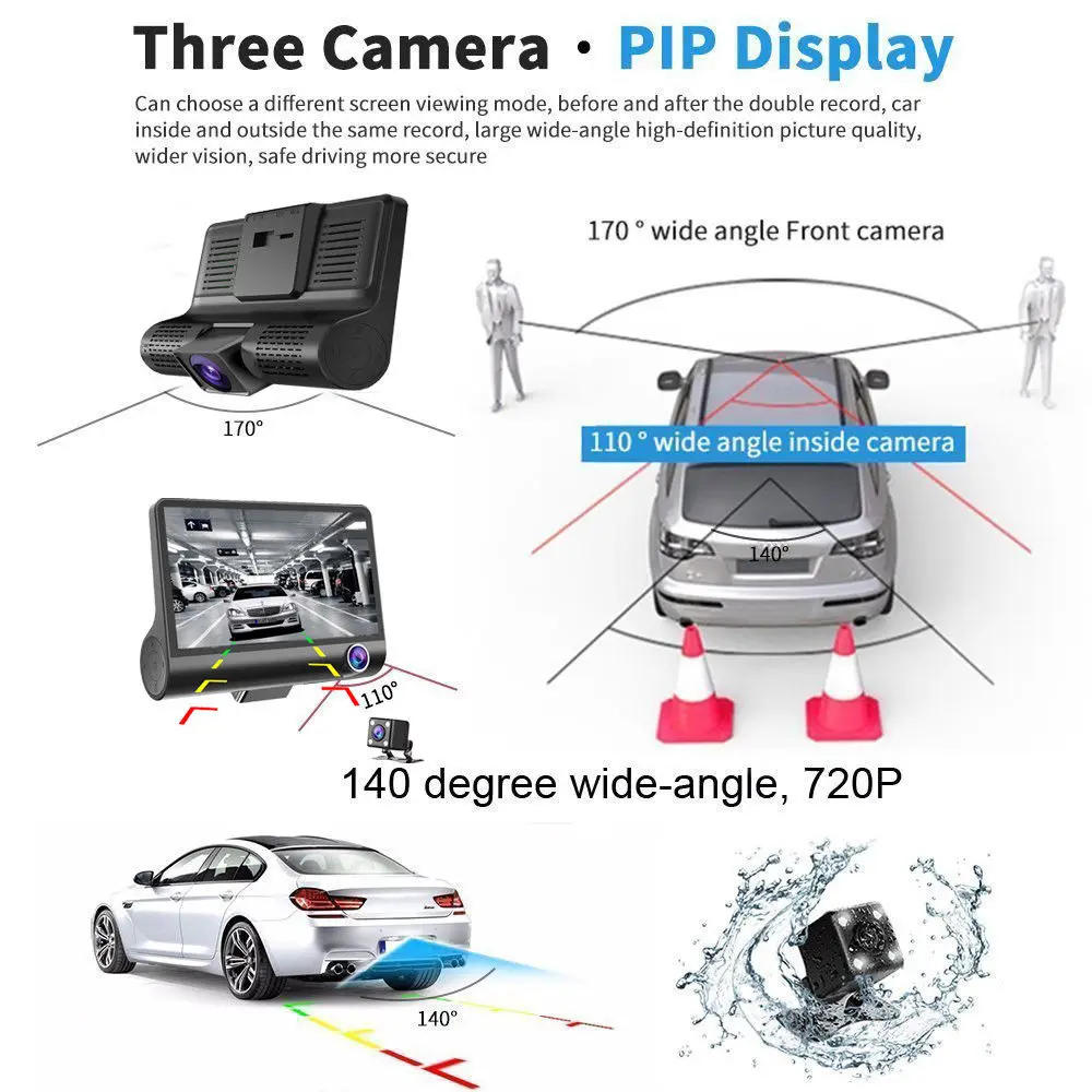 Podofo 4 ''три объектива Автомобильный видеорегистратор 3 камеры объектив тире камера двойной объектив с камерой заднего вида видео рекордер Авто регистратор Dvrs