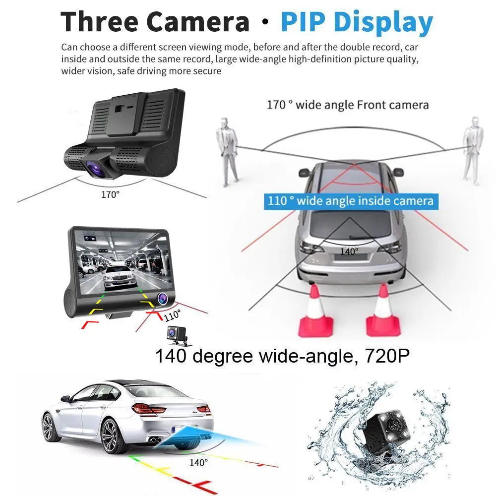  Podofo 4'' Three Lens Car DVR 3 Cameras Lens Dash Camera Dual Lens With Rearview Camera Video Recor