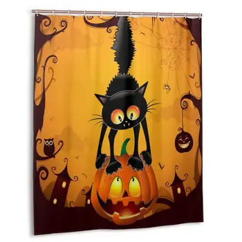 

Halloween Pumpkin Black Cat Shower Curtain Polyester Waterproof 12 Hooks Fabric Modern Bathroom Home Decor Set Inch