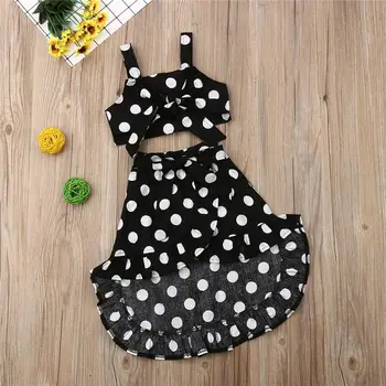 

Kids Baby Girls Polka Dot Clothes Sets Vintage Sling Bow Vest Crop Tops Irregular Lace-up Skirts 2Pcs Girl Summer Outfits 1-6Y