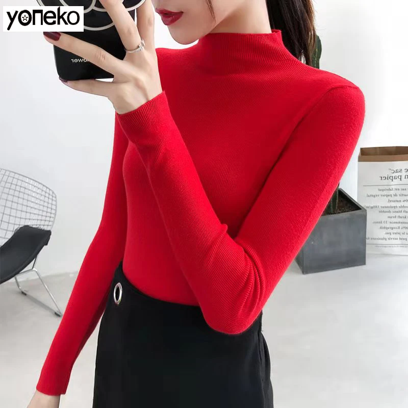 

YONEKO 2020 Autumn Winter Women's Pullovers Sweater Knitted Elasticity Jumper Slim Crew Neck Warm Female White Black Sweaters