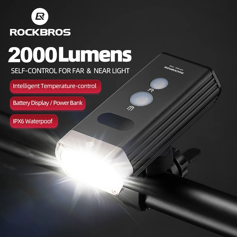 ROCKBROS luz delantera de 1800 lúmenes para bicicleta de montaña y carretera, foco de haz de luz, linterna para manillar, externa de 5000mAh|Luz bicicleta| -