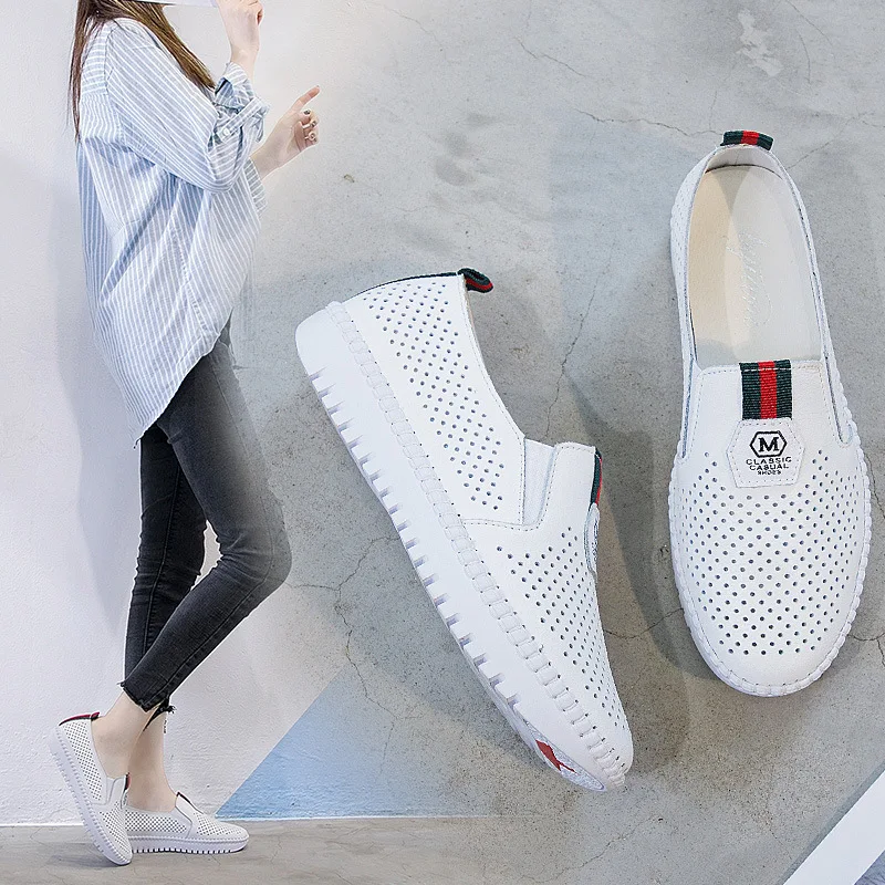 

2019 Summer New Style Genuine Leather Hollow out Breathable Mixed Colors Loafers Women's Casual Flat Slip-on Shoes White Women's