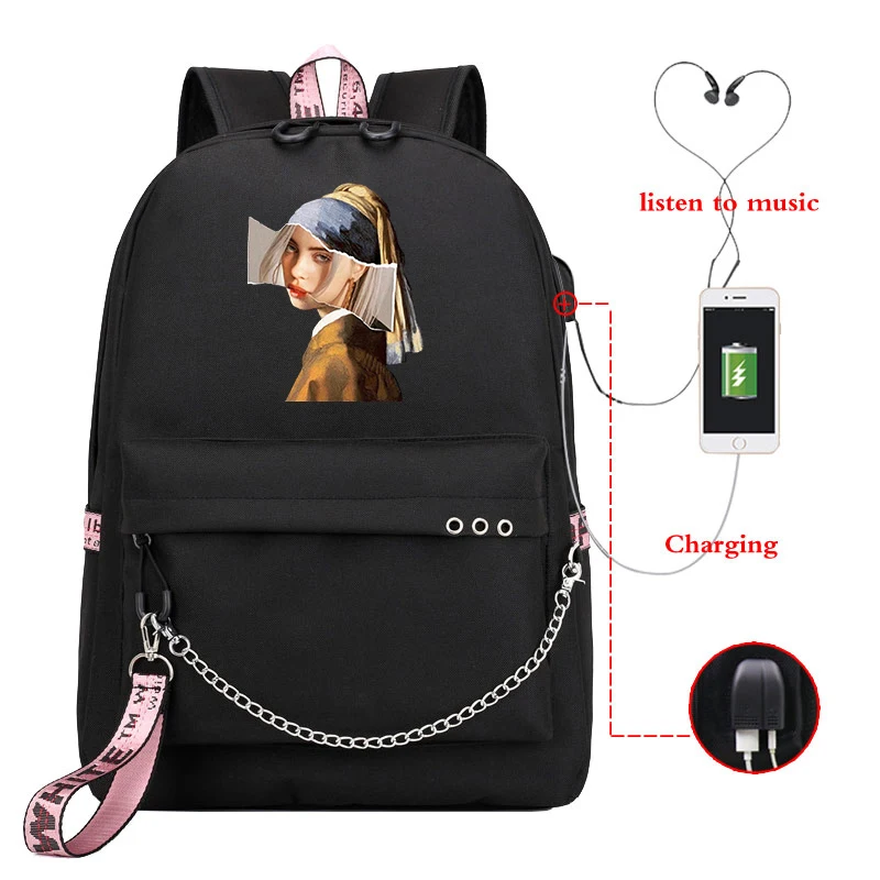 

Billie Eilish College Bagpack Girl Schoolbag Kpop Style Bookbag Laptop Back Bag Usb Charge Women Canvas Bags Travel Rucksack
