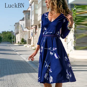

Women Elegant A-line 5XL Large size Dress 2019 Printing Party Vestidos Long Sleeve V-neck Women's Clothing Slim Autumn Dresses