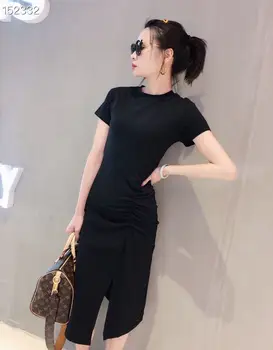 

2020 Spring Korean White / Black Pleated O-Neck Knee-Length Dress Women Short Sleeve Split Slim Runway Fashion Dress Vestidos