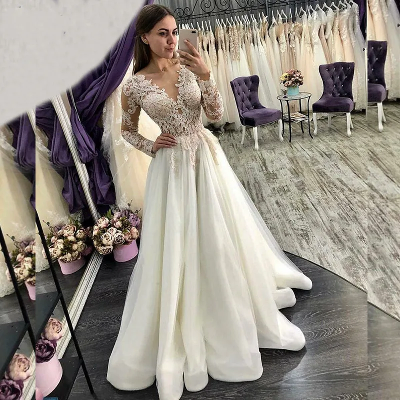 

Modest Long Sleeves Lace A-Line Wedding Dresses 2020 New Fashion Spring Beach Bridal Gowns Tulle Skirt Custom Made