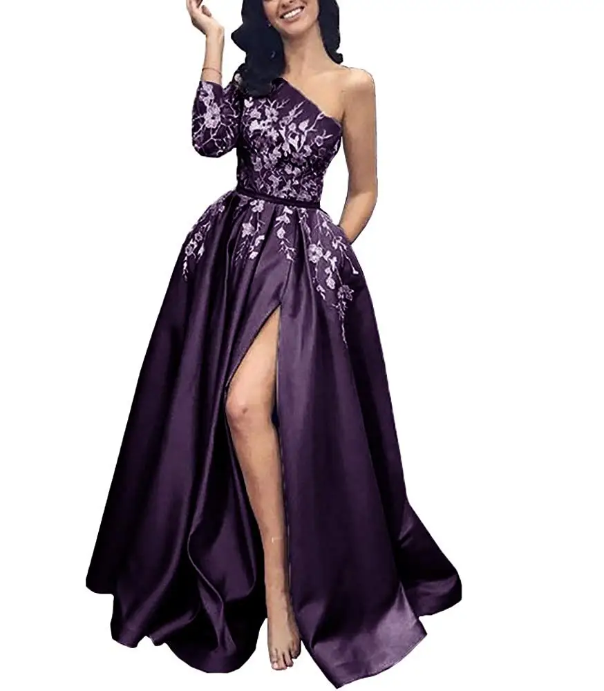 Лори одно плечо Кружева аппликация серебро Вечерние платья Длинные Выпускные платья с рукавами Формальное вечернее платье Robe De Soiree сплит - Цвет: Grape