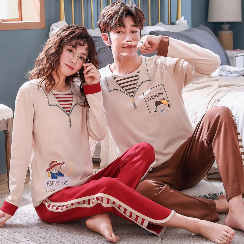 

Z1955 # Zipper Bear Head Emblem Pullover LZ Couples Long Sleeve Pajamas Homewear Set Series
