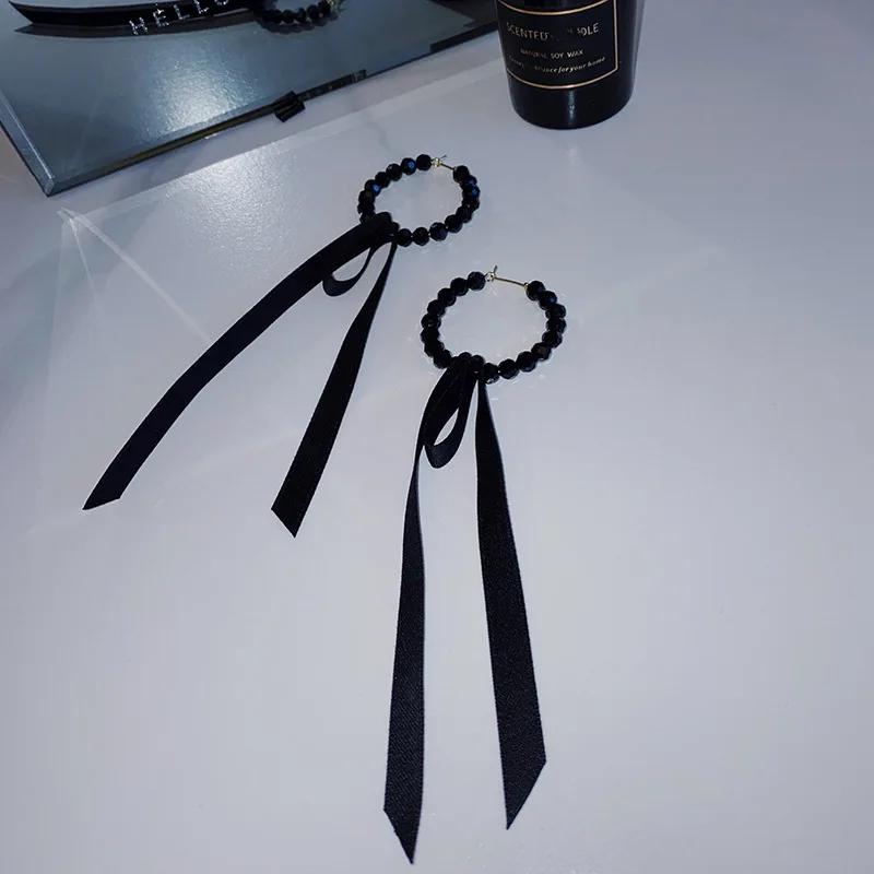 Women Korean temperament Black crystal earrings contracted long Ribbon Drop earrings geometric circular modelling dangle earrings drop earrings long earrings crystal earrings geometric earrings