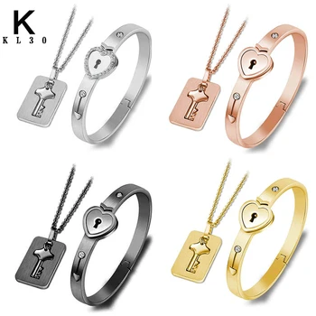 

A Sets Couple Love Heart Lock Bangles Stainless Steel Creativity Multiple Bracelet Women Men Lover Jewelry Zircon Wedding Gift