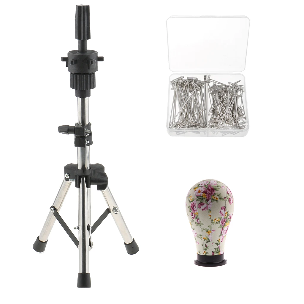 23' Mannequin Model Cork Canvas Block Head & Tripod Manikin Holder Stand with 150pcs 38mm / 51mm T Pins for Wig Making Sewing