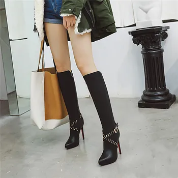 

Fashion Black Stiletto Woman Boots Buckle Cross Strap Studded Ladies Sexy High Heel Knee High Riding Boots Shoes Winter
