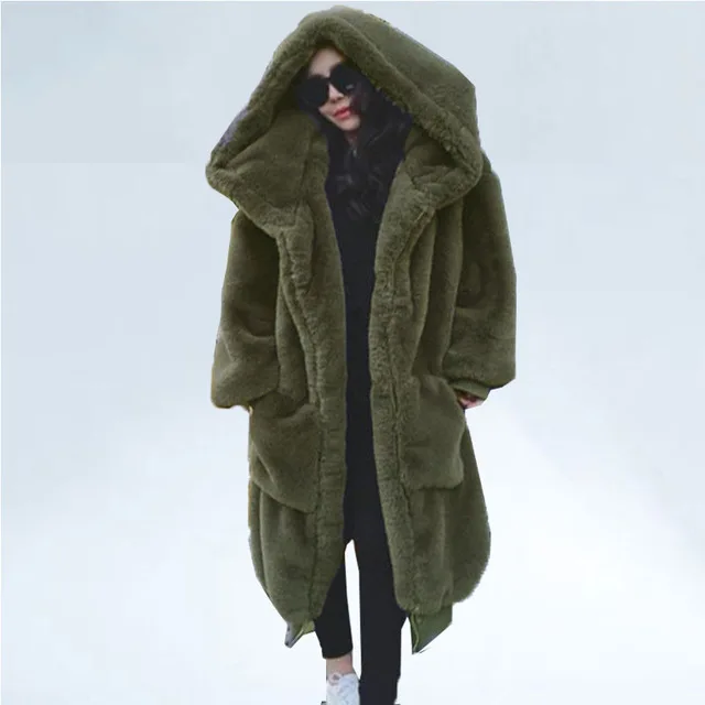 Зимнее пальто из искусственного меха женская парка длинная теплая куртка из искусственного меха пальто с капюшоном свободное зимнее пальто верхняя одежда больших размеров 3XL - Цвет: green