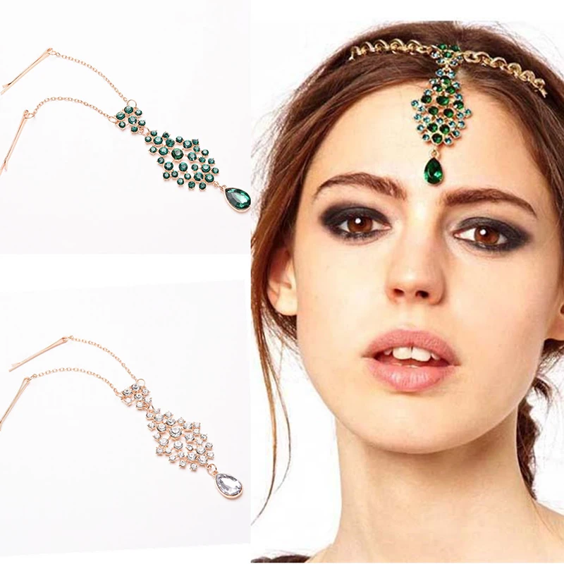 Green Imitation Rhinestone Hair Clip Indian Princess Style Forehead Eyebrows Classic Chain Hairpin Fashion Ethnic Accessories | Украшения и