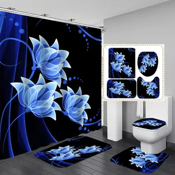 

Shower Curtain, Bathroom Curtains Accessories-Blue Flowers,Black Cloth,Decorations