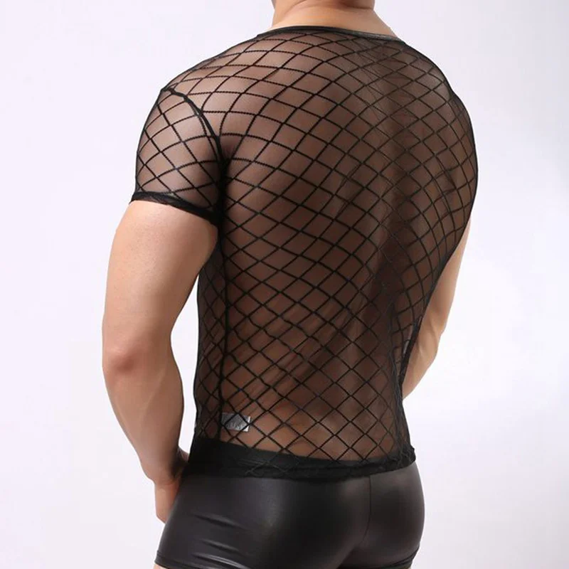 Sexy Men Undershirts Plaid Mesh Transparent Short Sleeve Shirts Gay Lenceria Exotic Clubwear Male Sleepwear Roupas Masculinas