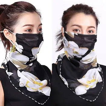 

2pc Women Chiffon Face Scarf Silk Women Neck Wraps Sunscreen Mouth Face Cover Floral Print Thin Summer Scarves Bandana Summer