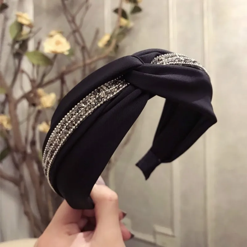 Черный Мягкая ткань повязки с узлом Bling Diamond Женская лента для волос аксессуары для волос блестящие стразы лоскутное головной убор - Цвет: Черный