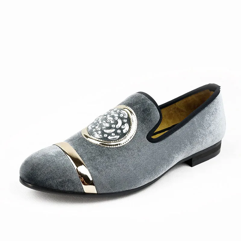 XQWFH Fashion Rhinestone Loafers for Men Slip-On Smoking Slippers Gold Emblem Tuxedo Dress Shoes Soft Casual Flats Wedding Shoes 2