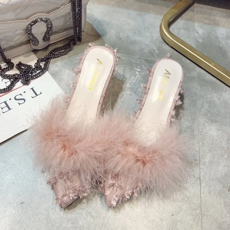 Autumn Pumps Women Shoes 2020 New Transparent Feather Crystal High Heels Fur Pointed Toe Mules Slides Furry Slippers | Обувь