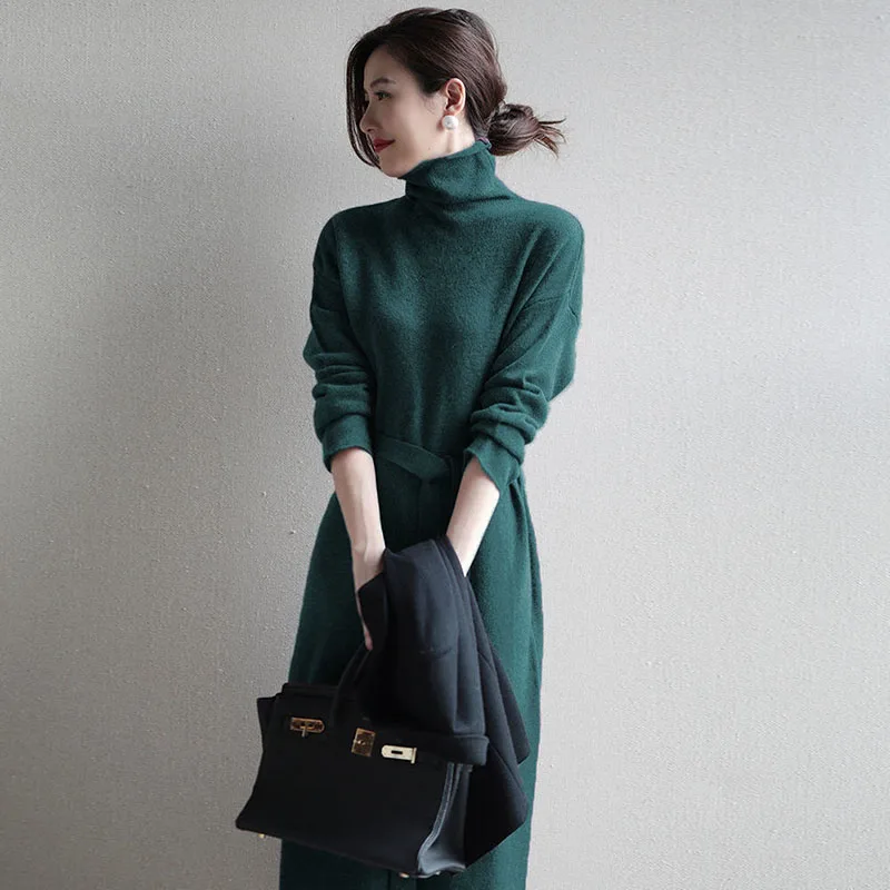 

High-neck knitted bottoming dress women 2021 autumn winter new fashion soft waxy warm casualLace up the waist mid-length dress