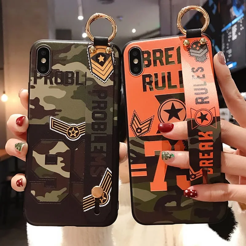 

Camouflage Military Russian Stylish Phone Case for iPhone 8 7 6 6S Plus Cover Wrist Strap Lanyard for iPhone X XR XS 11 Pro Max