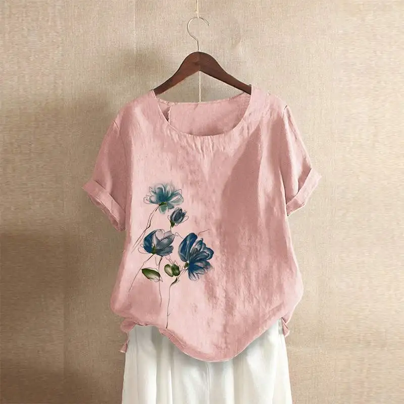 Элегантная футболка с цветочным узором рубашка женская блузка летняя мода принт короткий рукав Blusas женский рабочий Топ Chemise плюс размер туника