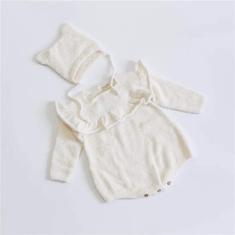 Newborn Baby Romper With Hat Woolen Baby Girl Clothes Ruffle Knitted Baby Clothes Baby Boy Romper Toddler Baby Jumpsuit Overalls