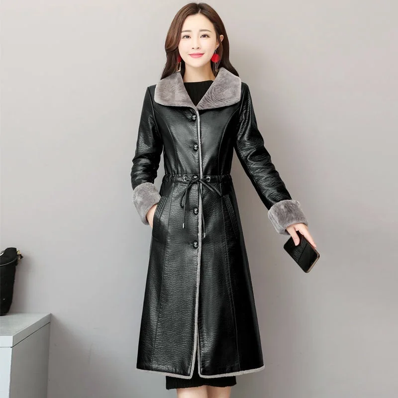 Black Vangull 5XL, элегантная кожаная куртка, женская, плюшевая, Вельветовая, длинная, новинка, тонкий, меховой воротник, кожаные пальто, черная одежда, женские пальто, верхняя одежда - Цвет: Black