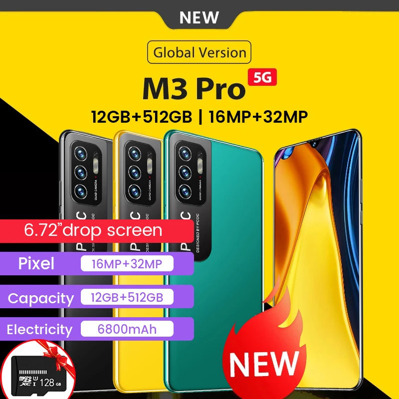 Смартфон глобальная версия PCOC M3 Pro 256 ГБ/512 ГБ Восьмиядерный 90 Гц экран 6 72 дюйма FHD +