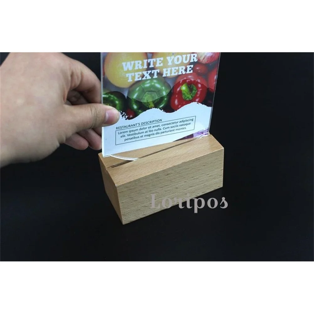 New Hot Sale A6 Unique Design Easy Reused Acrylic Clear Price Tag Menu Display Table Top Desk Sign Label Holder Thick Wood Base