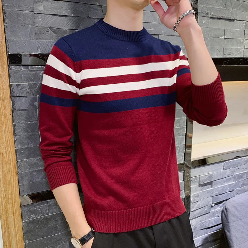 UYUK2109 Autumn And Winter New Stripe Hit Color Round Neck Temperament Quality Fashion Slim Men's Sweater Clothes Homme  Cotton